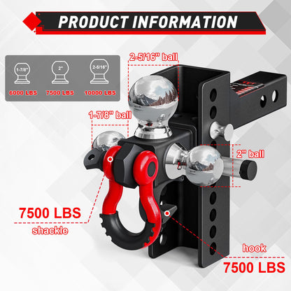 TYT Adjustable Tri-Ball Hitch for 2" Receiver with Tow Hook & Shackle - TYT4WD