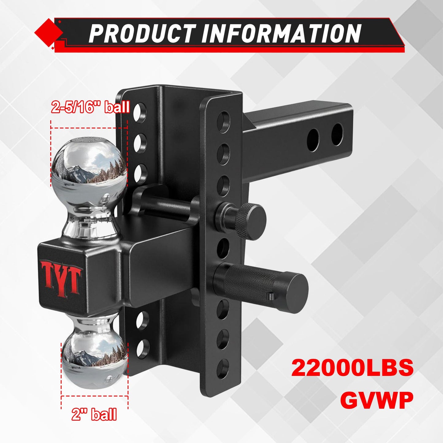 TYT Adjustable Truck Trailer Hitch for 2.5 inch Receiver, 6" Drop/Rise Tow Hitch with Dual Balls (2" & 2-5/16")，Includes Two Pin Locks & Hitch Tightener - TYT4WD