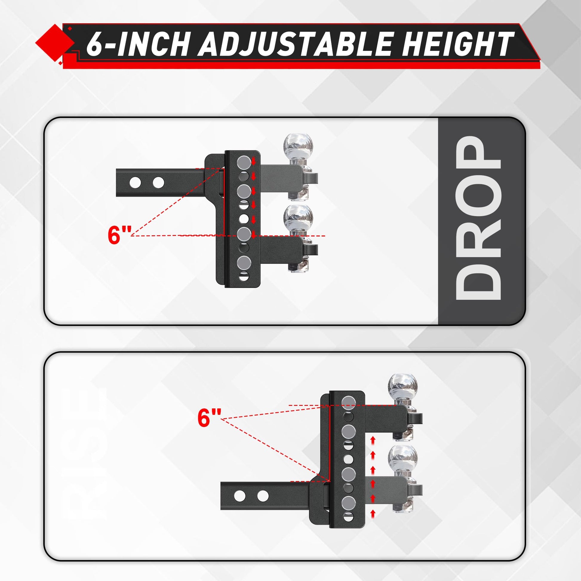 TYT Adjustable Trailer Hitch for 2" Receiver, 6" Drop/Rise, 2" Tow Ball, 7,500 lbs GTW / 750 lbs TW, Includes Two Pins and One Anti-Theft Pin Lock - TYT4WD