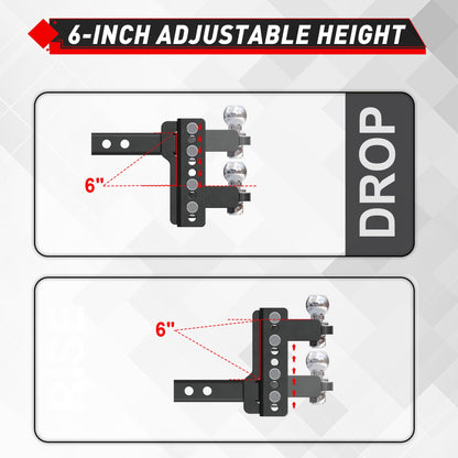 TYT Adjustable Trailer Hitch for 2" Receiver, 6" Drop/Rise, 2" Tow Ball, 7,500 lbs GTW / 750 lbs TW, Includes Two Pins and One Anti-Theft Pin Lock - TYT4WD