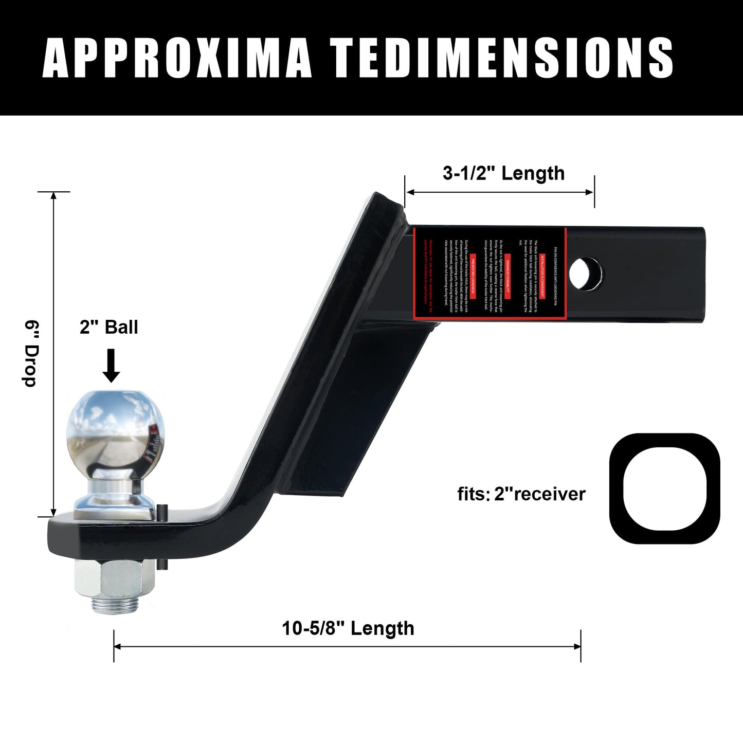 TYT Trailer Hitch Ball Mount Kit, 6-Inch Drop, Fits 2-Inch Receiver, 2-Inch Trailer Ball with 5/8" Hitch Pin Clip - TYT4WD
