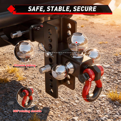 TYT Adjustable Tri-Ball Trailer Hitch for 2 inch Receiver, 4.5" Drop/Rise, Triple Balls (1-7/8", 2", 2-5/16") with Shackle，Pin Lock & Hitch Tightener - TYT4WD