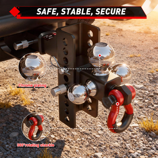TYT Adjustable Tri-Ball Trailer Hitch for 2 inch Receiver, 4.5" Drop/Rise, Triple Balls (1-7/8", 2", 2-5/16") with Shackle，Pin Lock & Hitch Tightener - TYT4WD