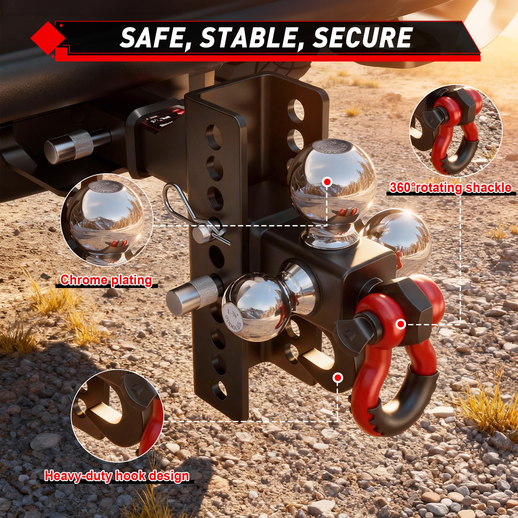 TYT Adjustable Tri-Ball Hitch for 2" Receiver with Tow Hook & Shackle - TYT4WD
