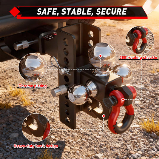 TYT Adjustable Tri-Ball Hitch for 2" Receiver with Tow Hook & Shackle - TYT4WD
