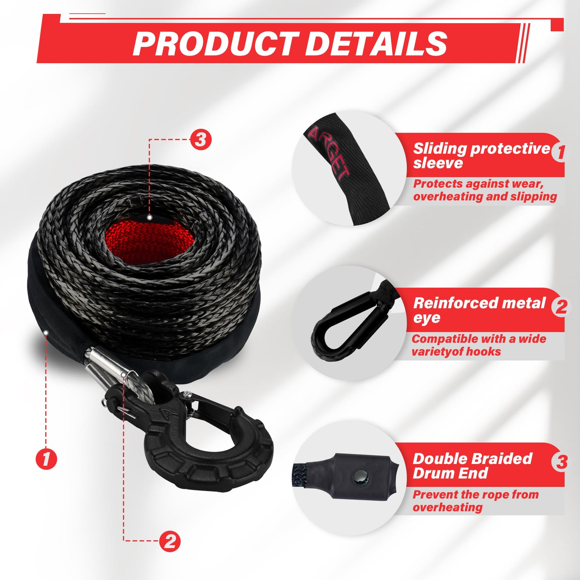 TYT Synthetic Winch Rope Kit - 1/2" x 92' with 32000 lbs Strength, Protective Sleeve, Heavy Duty Hook and Safety Pull Strap for Off-Road 4x4 Vehicles, Trucks (Black) - TYT4WD