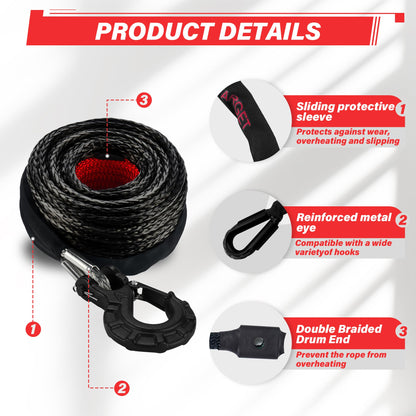 TYT Synthetic Winch Rope Kit - 1/2" x 92' with 32000 lbs Strength, Protective Sleeve, Heavy Duty Hook and Safety Pull Strap for Off-Road 4x4 Vehicles, Trucks (Black) - TYT4WD
