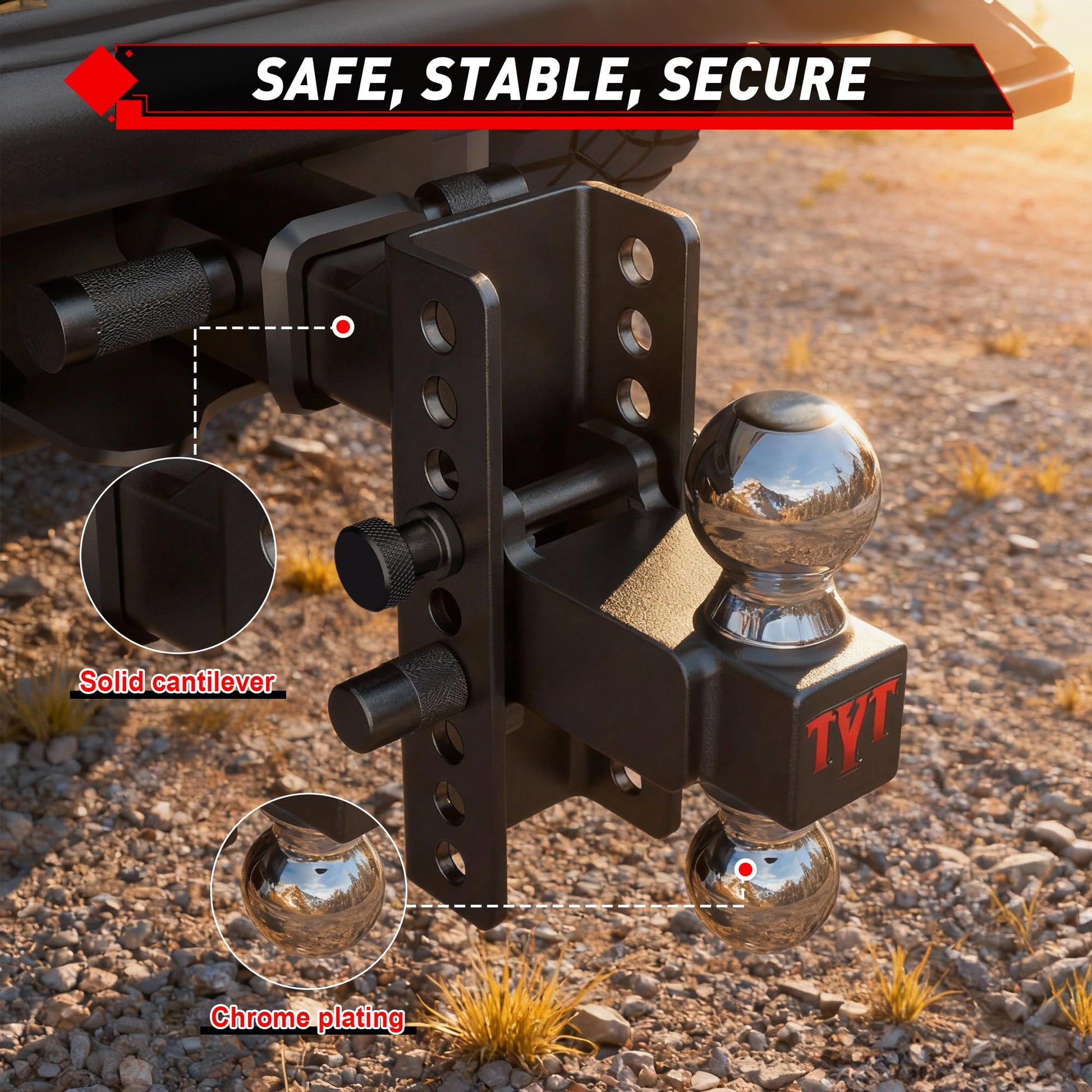 TYT Adjustable Truck Trailer Hitch for 2 inch Receiver, 6" Drop/Rise Tow Hitch with Dual Balls，Includes Two Pin Locks & Hitch Tightener (2" & 2-5/16") - TYT4WD