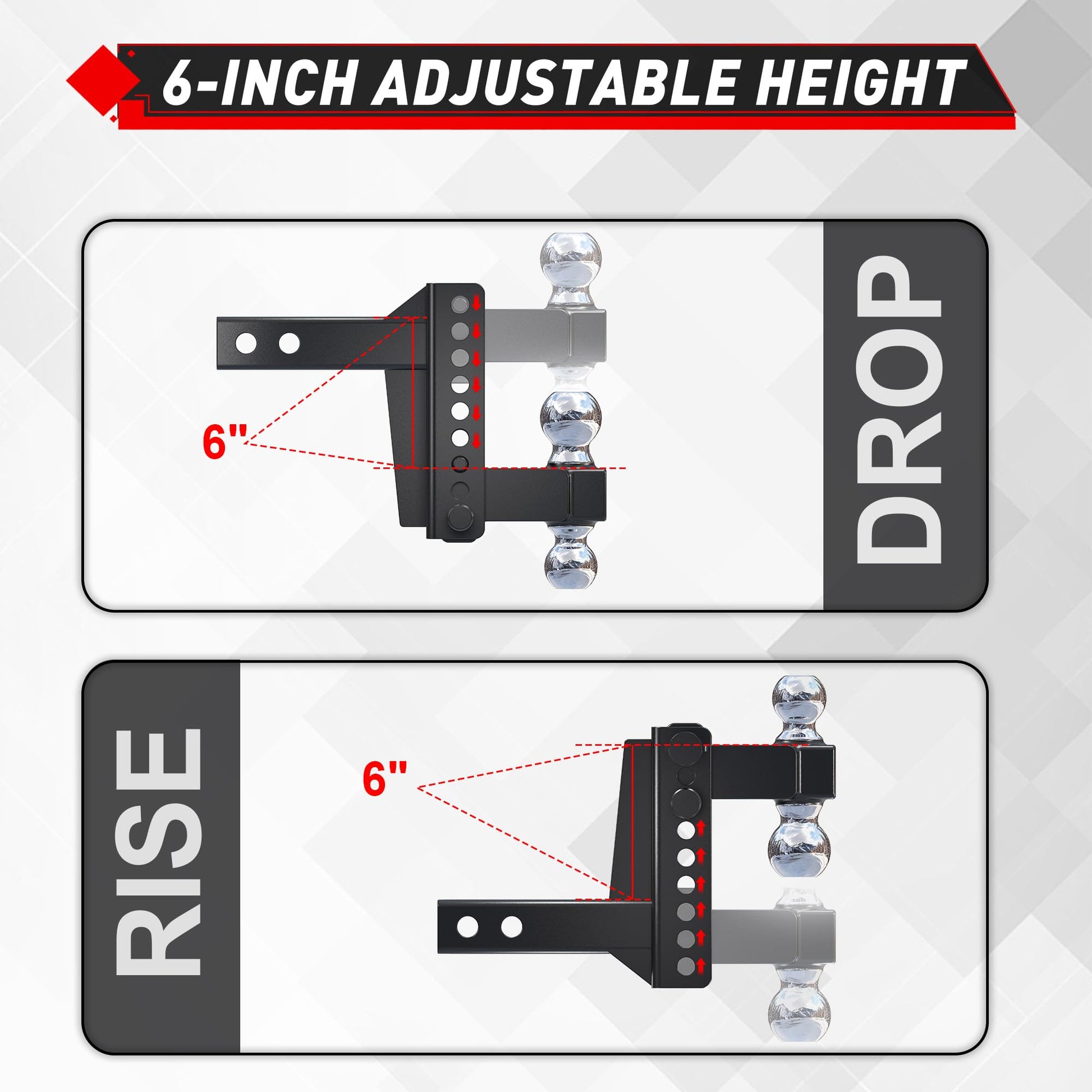 TYT Adjustable Truck Trailer Hitch for 2.5 inch Receiver, 6" Drop/Rise Tow Hitch with Dual Balls (2" & 2-5/16")，Includes Two Pin Locks & Hitch Tightener - TYT4WD