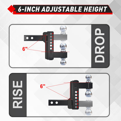 TYT Adjustable Truck Trailer Hitch for 2 inch Receiver, 6" Drop/Rise Tow Hitch with Dual Balls，Includes Two Pin Locks & Hitch Tightener (2" & 2-5/16") - TYT4WD