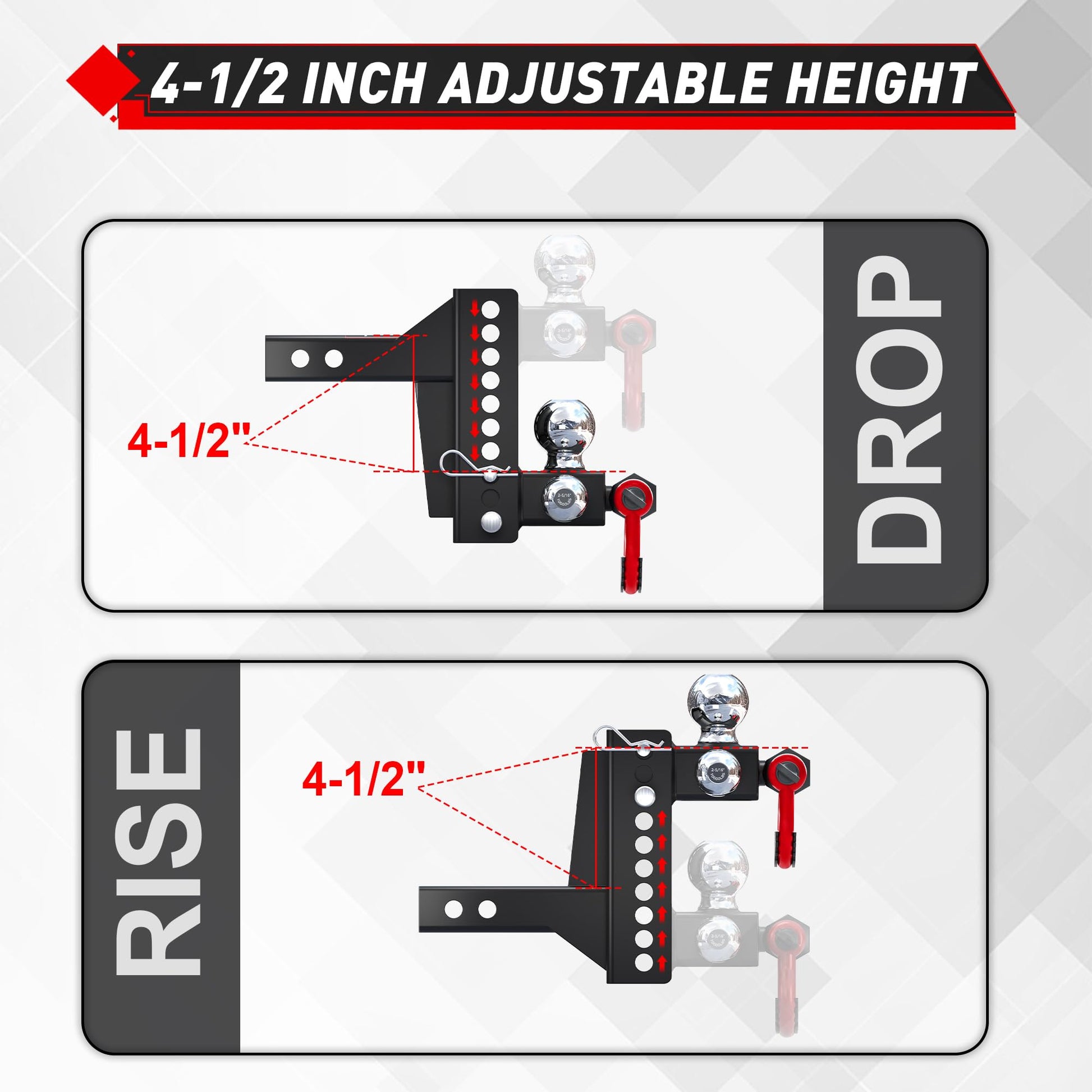 TYT Adjustable Tri-Ball Trailer Hitch for 2 inch Receiver, 4.5" Drop/Rise, Triple Balls (1-7/8", 2", 2-5/16") with Shackle，Pin Lock & Hitch Tightener - TYT4WD