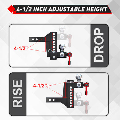 TYT Adjustable Tri-Ball Trailer Hitch for 2 inch Receiver, 4.5" Drop/Rise, Triple Balls (1-7/8", 2", 2-5/16") with Shackle，Pin Lock & Hitch Tightener - TYT4WD