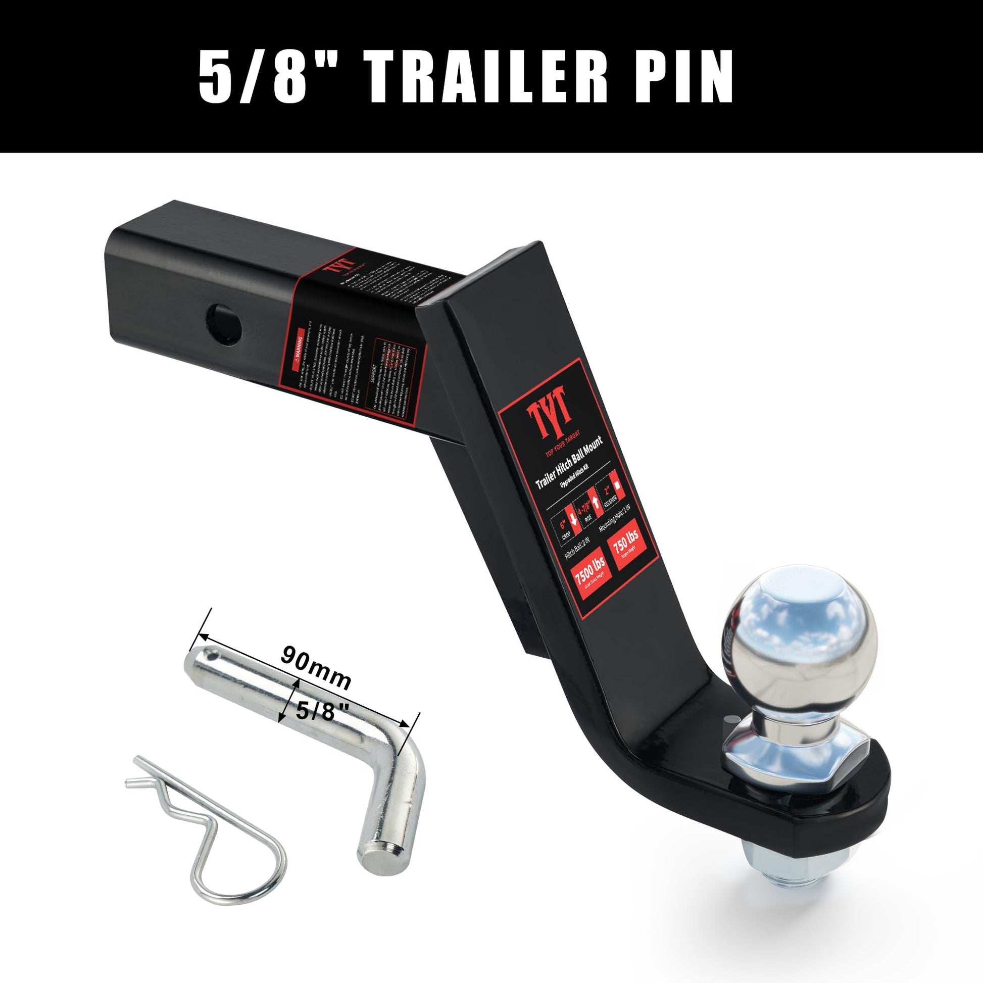 TYT Trailer Hitch Ball Mount Kit, 6-Inch Drop, Fits 2-Inch Receiver, 2-Inch Trailer Ball with 5/8" Hitch Pin Clip - TYT4WD