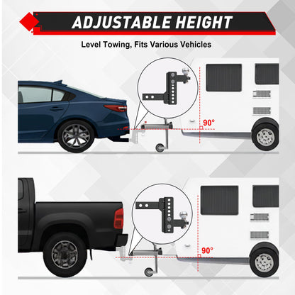 TYT Adjustable Trailer Hitch for 2" Receiver, 6" Drop/Rise, 2" Tow Ball, 7,500 lbs GTW / 750 lbs TW, Includes Two Pins and One Anti-Theft Pin Lock - TYT4WD