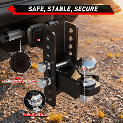 TYT Adjustable Trailer Hitch for 2" Receiver, 6" Drop/Rise, 2" Tow Ball, 7,500 lbs GTW / 750 lbs TW, Includes Two Pins and One Anti-Theft Pin Lock - TYT4WD